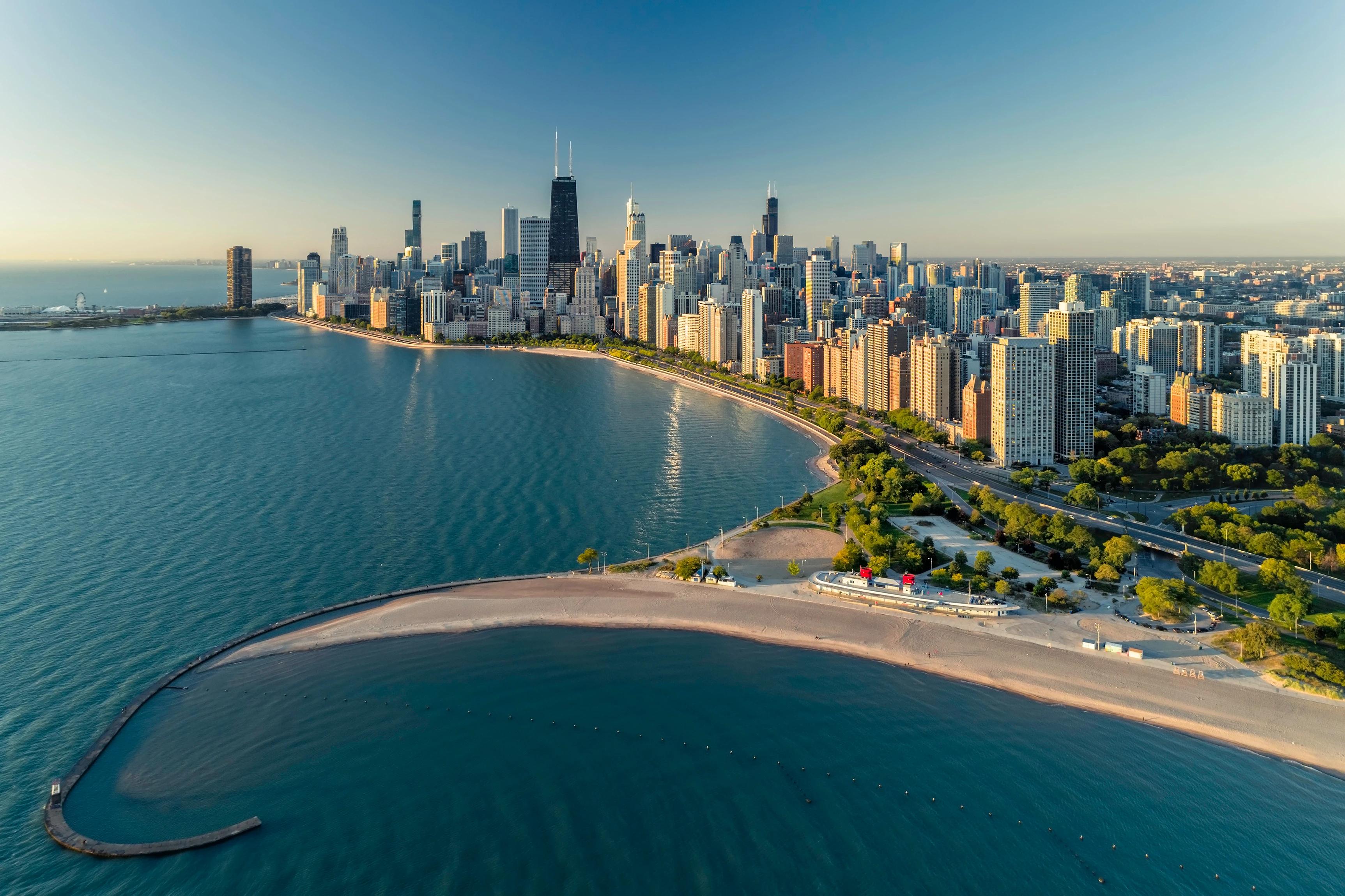 Chicago skyline, Lake Michigan, and the lakefront shoreline